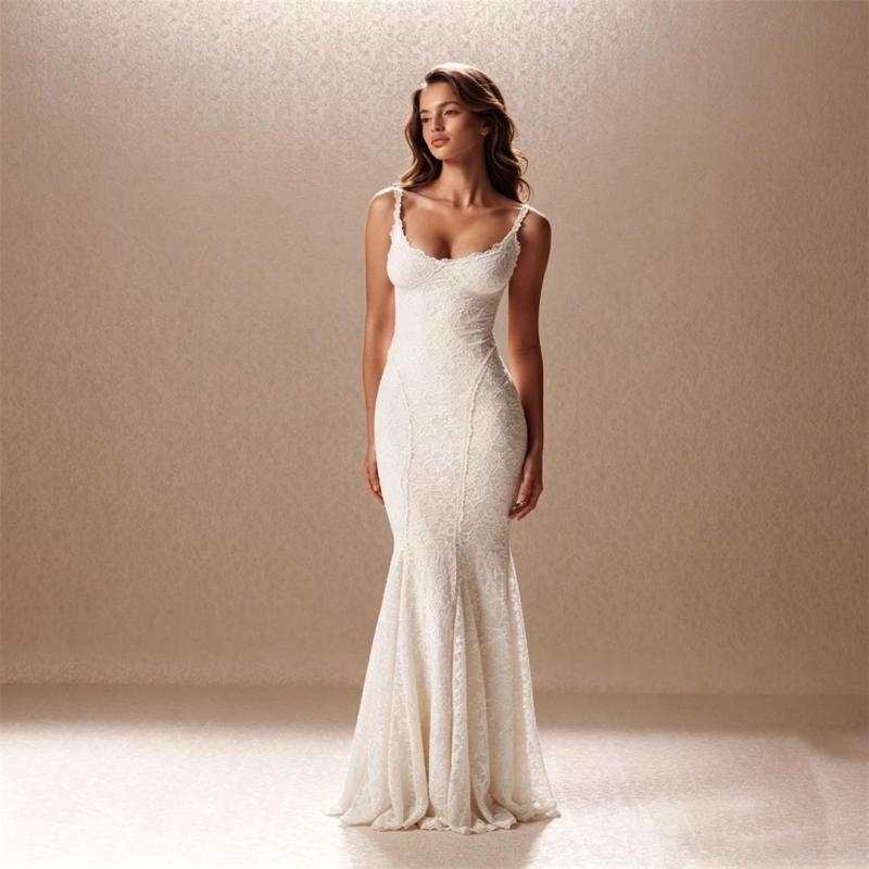 White Straps Low Cut Lace Bodycon Luxury Bandage Evening Party Birthday Formal Dress