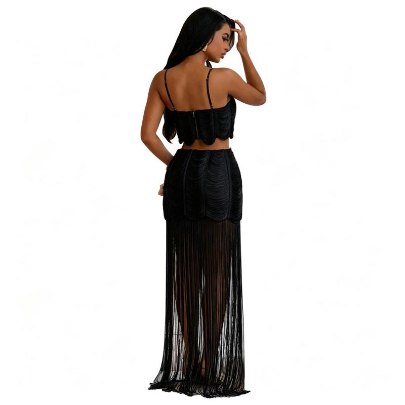 Black Two Pieces Tassels Tank Top with Long Pleated Bodycon Maxi Dress Sets
