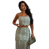 Green Two Pieces Tassels Tank Top with Long Pleated Bodycon Maxi Dress Sets