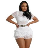 White Short Sleeve Lace Hollow Out See Through Party Sexy Rompers
