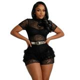 Black Short Sleeve Lace Hollow Out See Through Party Sexy Rompers