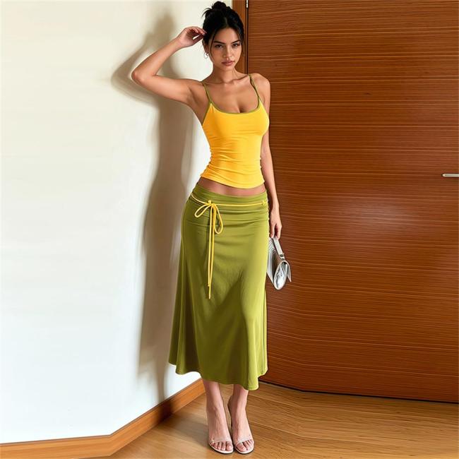 Yellow Two Pieces Straps Low Cut Crop Tops Gren Lace Up Fashion Women Midi Dress Sets