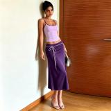 Purple Two Pieces Straps Low Cut Crop Tops Lace Up Fashion Women Midi Dress Sets