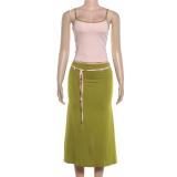 Pink Two Pieces Straps Low Cut Crop Tops Green Lace Up Fashion Women Midi Dress Sets