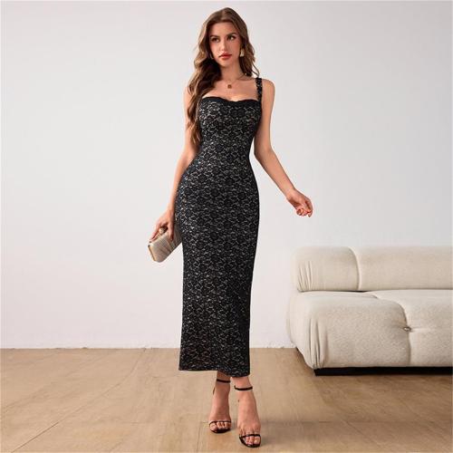 Black Straps Boat Neck Lace Hollow Out Sexy Bodycon Midi Dress