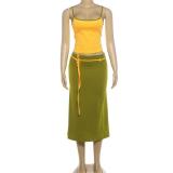 Yellow Two Pieces Straps Low Cut Crop Tops Gren Lace Up Fashion Women Midi Dress Sets