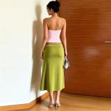 Pink Two Pieces Straps Low Cut Crop Tops Green Lace Up Fashion Women Midi Dress Sets