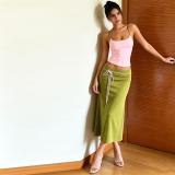 Pink Two Pieces Straps Low Cut Crop Tops Green Lace Up Fashion Women Midi Dress Sets