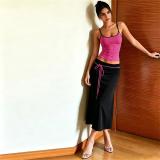 Rose Red Two Pieces Straps Low Cut Crop Tops Black Lace Up Fashion Women Midi Dress Sets