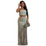 Green Two Pieces Tassels Tank Top with Long Pleated Bodycon Maxi Dress Sets