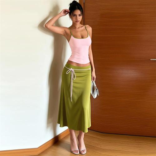 Pink Two Pieces Straps Low Cut Crop Tops Green Lace Up Fashion Women Midi Dress Sets