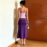 Purple Two Pieces Straps Low Cut Crop Tops Lace Up Fashion Women Midi Dress Sets