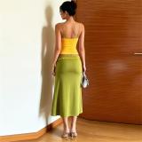 Yellow Two Pieces Straps Low Cut Crop Tops Gren Lace Up Fashion Women Midi Dress Sets