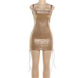 Gold Straps Square Neck Cut Out Sexy Bandage Mini Dress