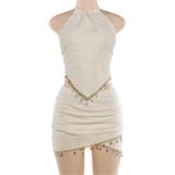 Beige Two Pieces Sequins Tassels Crop Tops Pleated Irregular Bodycon Mini Skirt Dress