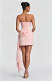Pink Off Shoulder Lace V Neck Fishbone Bodycon Party Evening Ribbon Mini Dress