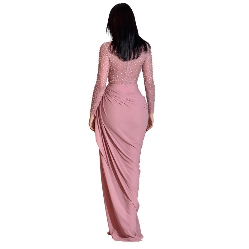Pink Long Sleeve Mesh Diamonds Bodycon Pleated Evening Formal Dress