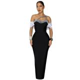 Black Halter Neck Pearls Bodycon Evening Formal Long Dress