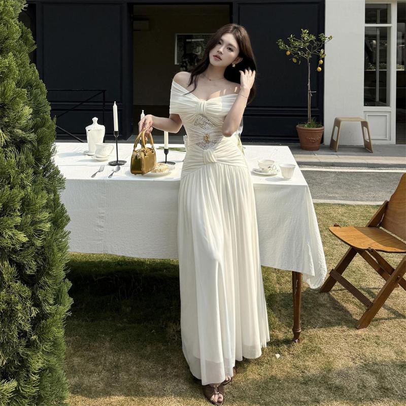 White Off Shoulder Lace Hollow Out Ruched Waist Elegant Women Bodycon Maxi Dress