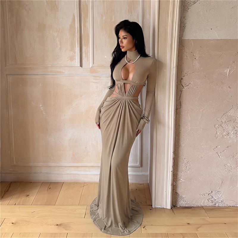 Khaki High Neck Cut Out Bandage Pleated Evening Party Gowns Dress