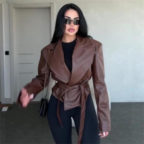 Khaki Women's Trendy Motorcycle Strappy PU Leather Casual Streetwear Jacket Coat