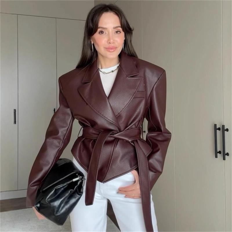 Red-Brown Women's Trendy Motorcycle Strappy PU Leather Casual Streetwear Jacket Coat