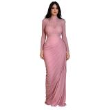 Pink Long Sleeve Mesh Diamonds Bodycon Pleated Evening Formal Dress