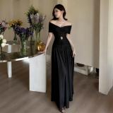Black Off Shoulder Lace Hollow Out Ruched Waist Elegant Women Bodycon Maxi Dress