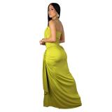 Green Straps Boat Neck Pleated Women Ruched Split Vacation Long Dress