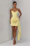 Yellow Off Shoulder Lace V Neck Fishbone Bodycon Party Evening Ribbon Mini Dress