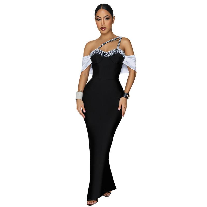 Black Halter Neck Pearls Bodycon Evening Formal Long Dress