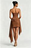 Brown Off Shoulder Lace V Neck Fishbone Bodycon Party Evening Ribbon Mini Dress