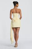 Yellow Off Shoulder Lace V Neck Fishbone Bodycon Party Evening Ribbon Mini Dress
