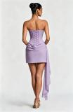 Purple Off Shoulder Lace V Neck Fishbone Bodycon Party Evening Ribbon Mini Dress