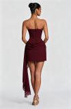 Claret Off Shoulder Lace V Neck Fishbone Bodycon Party Evening Ribbon Mini Dress