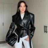Black Women's Trendy Motorcycle Strappy PU Leather Casual Streetwear Jacket Coat