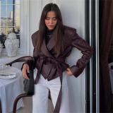 Red-Brown Women's Trendy Motorcycle Strappy PU Leather Casual Streetwear Jacket Coat