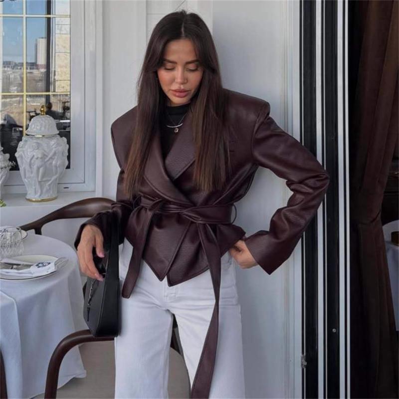 Red-Brown Women's Trendy Motorcycle Strappy PU Leather Casual Streetwear Jacket Coat