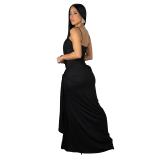 Black Straps Boat Neck Pleated Women Ruched Split Vacation Long Dress