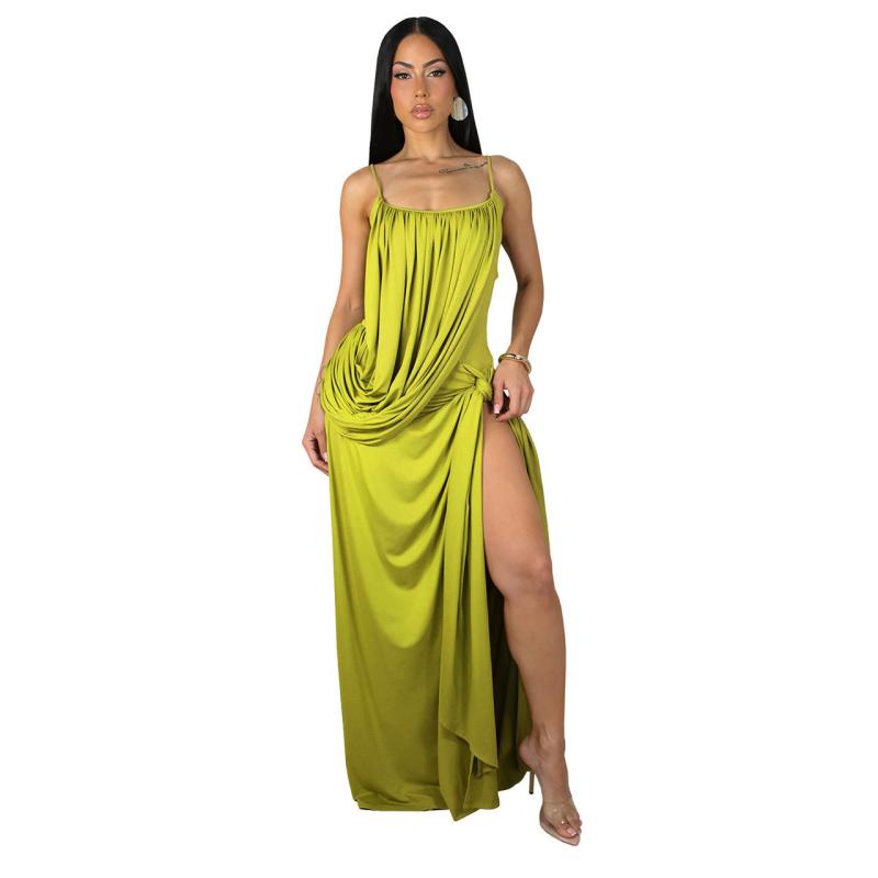 Green Straps Boat Neck Pleated Women Ruched Split Vacation Long Dress