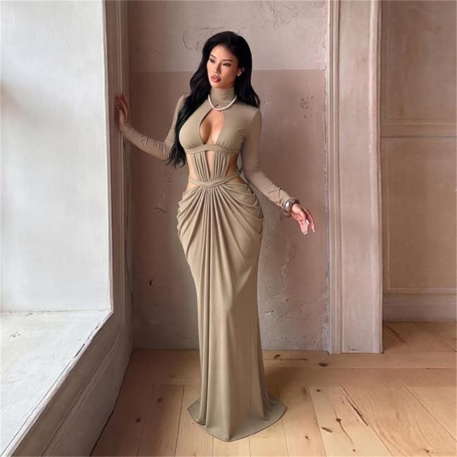 Khaki High Neck Cut Out Bandage Pleated Evening Party Gowns Dress