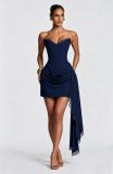 Royal Blue Off Shoulder Lace V Neck Fishbone Bodycon Party Evening Ribbon Mini Dress