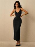 Black Halter V Neck Knitted Folds Bodycon Casual Office Midi Dress