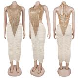 Apricot Halter V Neck Backless Sequins Mesh Pleated Sexy Midi Dress