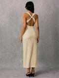 Beige Halter V Neck Knitted Folds Bodycon Casual Office Midi Dress