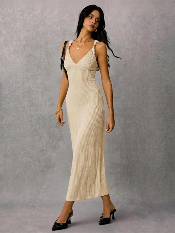 Beige Halter V Neck Knitted Folds Bodycon Casual Office Midi Dress