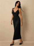 Black Halter V Neck Knitted Folds Bodycon Casual Office Midi Dress