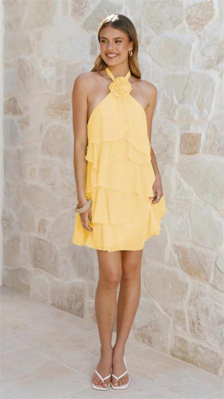 Yellow Sleeveless Halter Ruffles Fashion Summer Mini Dress
