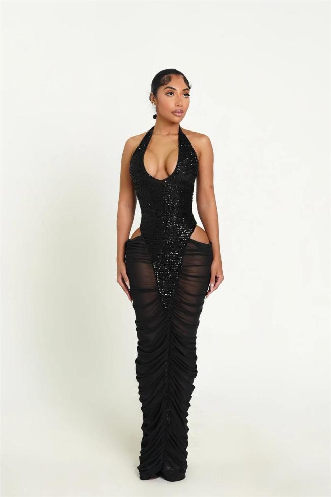 Black Halter V Neck Backless Sequins Mesh Pleated Sexy Midi Dress