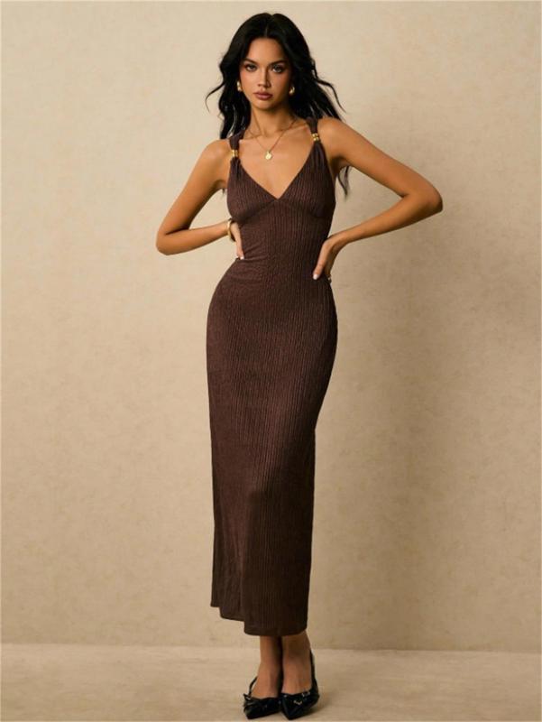 Brown Halter V Neck Knitted Folds Bodycon Casual Office Midi Dress